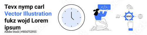 Time tracking, coding, warehouse systems, productivity, business tools, and automation. A clock, a person coding and a finger pointing to a warehouse management system icon. Time tracking and coding