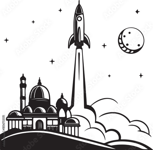 Futuristic rocket launching from moon base silhouette vector