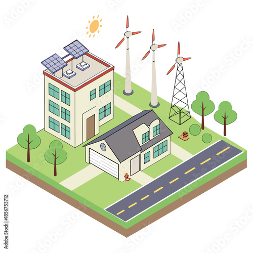 Sustainable living illustration showcasing a home powered by solar panels and wind turbines with green surroundings