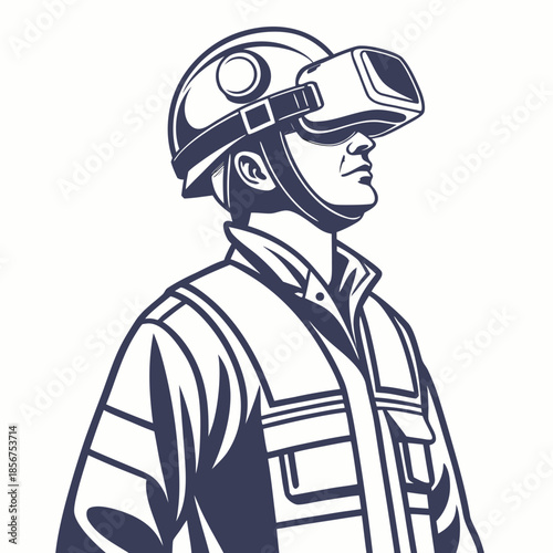 A stylized illustration of a man wearing a vintage work helmet and modern virtual reality headset