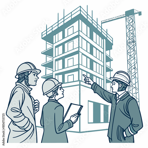 Construction site overview showing architects discussing building plans in front of a rising concrete structure