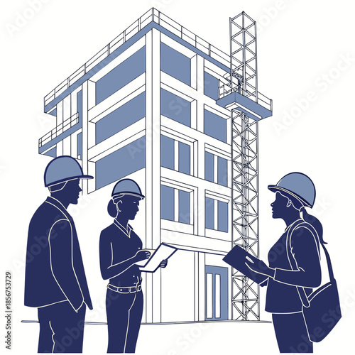 Construction site blueprint review with workers and a partially built modern building in the background