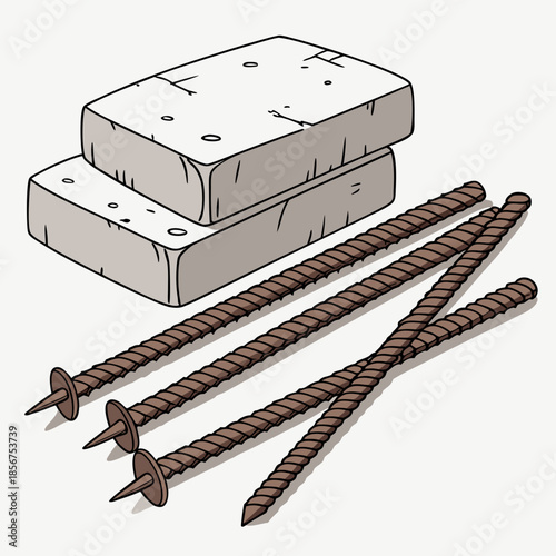 Illustration depicting stacked concrete blocks alongside several brown metal rebar reinforcement rods poised for construction