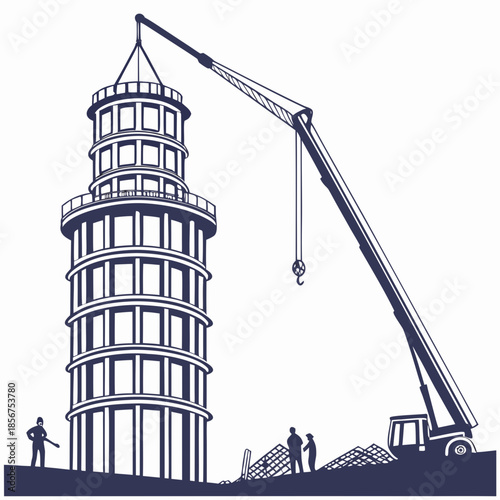 A detailed illustration depicts a tower undergoing construction with a crane and workers nearby high quality