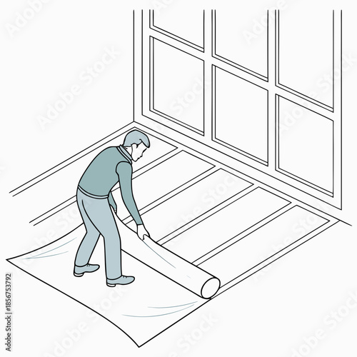 A man is carefully laying down a roll of flooring material inside a room near a window