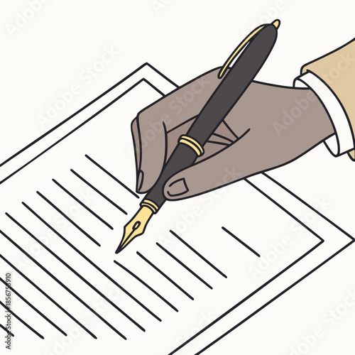 A hand holding a classic fountain pen is depicted in the act of writing on lined paper