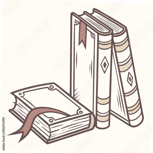 A charming illustration depicts a stack of antique books with ornate details and ribbon bookmarks