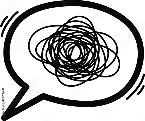 Black and white illustration of a speech bubble with a tangled mess of lines