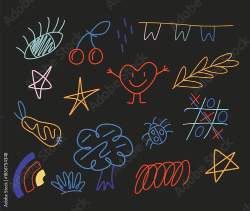 Doodle sketches set. Abstract charcoal and crayon drawings, kids design elements. Chalk and pencil drawn heart.