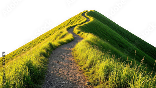 Winding dirt path leading up a steep grassy hill to the summit isolated on transparent background