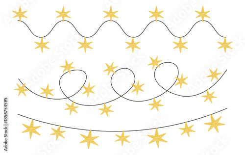Star light garland for festive Christmas decoration. Long horizontal electric string with glowing starry decor.