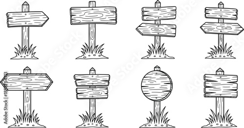 Wooden signposts with various shapes and grassy bases sign signpost directional signs