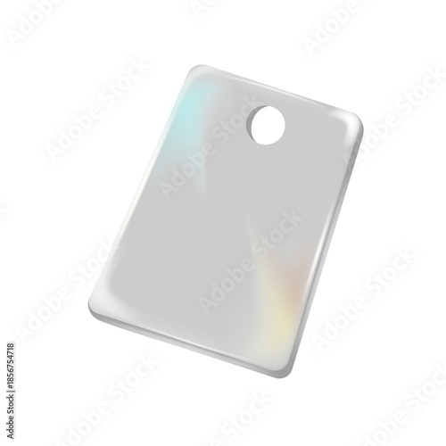 3d glass store tag icon with refraction and holographic effect isolated on white background. Render transparent glass.