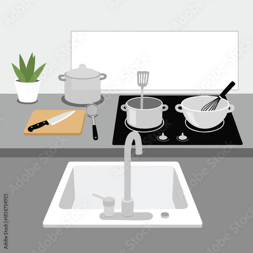 A kitchen scene with a sink, stove, cooking pots, utensils, cutting board, and a plant
