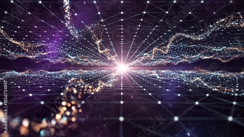 Abstract digital network background with glowing light and connected dots, representing data flow and technology.