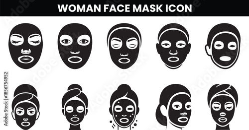 A collection of black and white facial mask icons depicting various skincare treatments and beauty routines for a healthy complexion