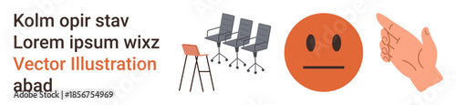 Communication, workplace interaction, social cues, team discussions, emotion , visual design elements. Three office chairs, an orange neutral face and a hand pointing. Communication and workplace