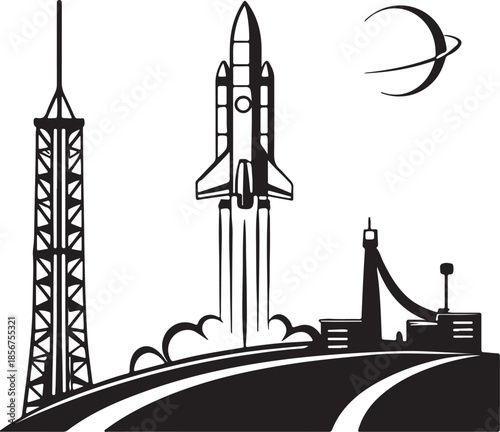 Futuristic rocket launching from moon base silhouette vector