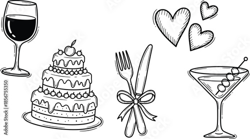 Black and white illustration of romantic dinner icons including wine glass, cake, hearts, utensils and cocktail