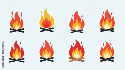 Collection of eight different cartoon style campfire illustrations.