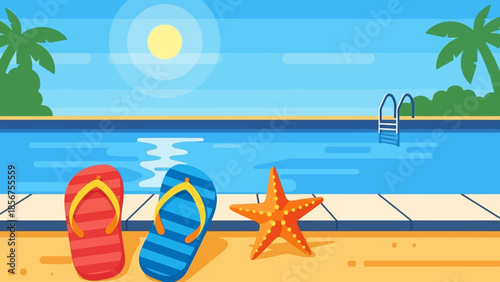 Colorful flip-flops and a starfish on the edge of a swimming pool.