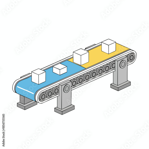Isometric view of a conveyor belt with three cubes, two blue, one yellow section