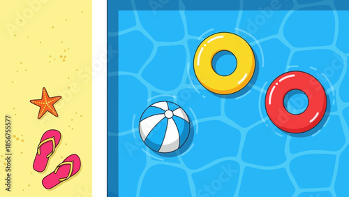 Colorful inflatable rings and a beach ball floating in a swimming pool.