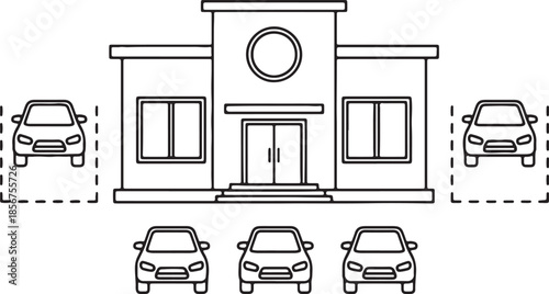 Simple line of a modern building with cars parked in front and on the sides representing a parking lot or a public facility with available parking spaces for visitors and also transparent background