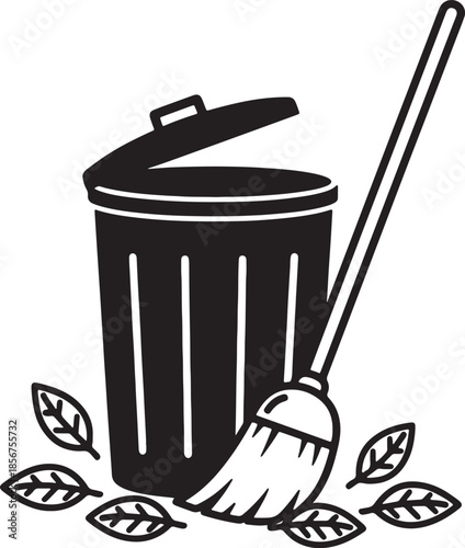 Black silhouette of a trash can with an open lid and a broom beside it surrounded by fallen leaves indicating a scene of cleaning up or seasonal tidying also transparent background
