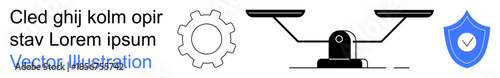 Business integrity, justice systems, cybersecurity, mechanical processes, system efficiency, technology. A gear, balanced scale and shield symbol. Justice systems and cybersecurity