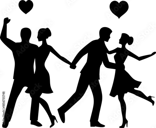 Silhouettes of happy couples dancing at party together with heart symbols above them representing love and romance for wedding celebration event or dating concept on isolated background