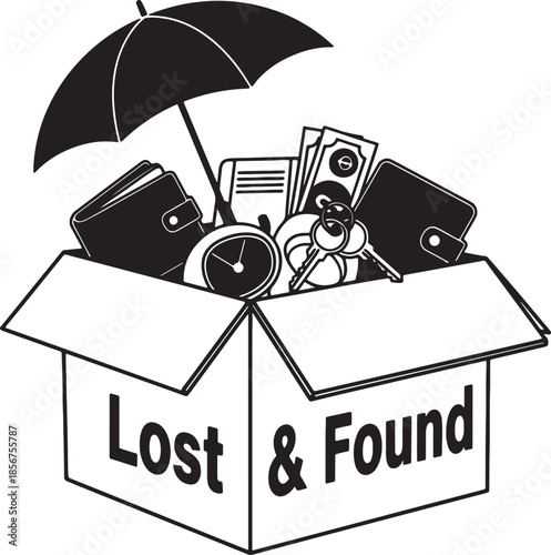 Lost and found box overflowing with personal including wallets, keys, money, and an umbrella, symbolizing misplaced belongings and retrieval also transparent background
