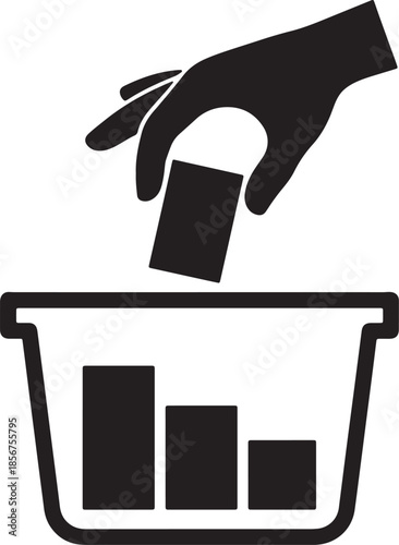 Silhouette of a hand placing a small rectangular into a container filled with similar suggesting voting or selection process also transparent background