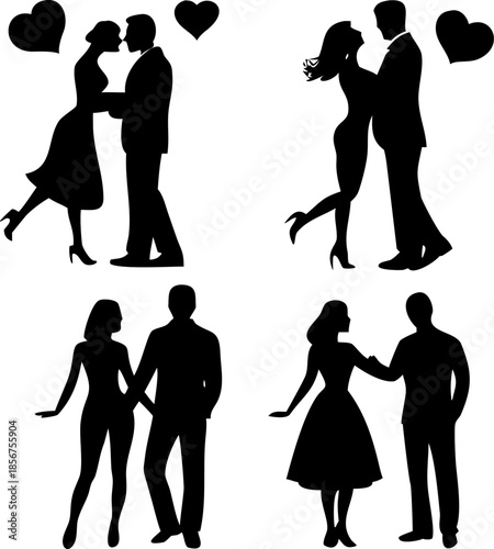 Set of four romantic couple silhouettes showing different poses from hugging and kissing to walking together with heart symbols for valentines day or wedding anniversary illustrations