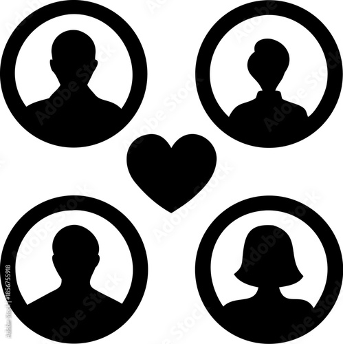 Four diverse human profile icons arranged in square formation with large heart symbol in center representing social connection community love networking or online dating applications