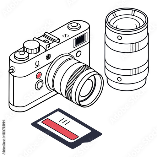 Camera with lens and memory card