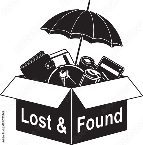 A black and white of a cardboard box filled with various like a wallet, credit cards, keys, and C Ds, with an umbrella overhead, labeled Lost Found also transparent background