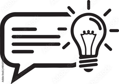 A black and white depicting a speech bubble with horizontal lines representing text next to a glowing light bulb symbolizing an idea or solution also transparent background