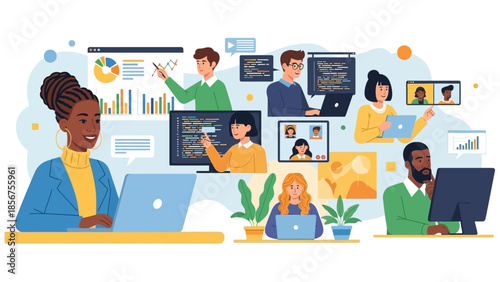 Diverse team of professionals collaborating online through video conferencing and remote work.