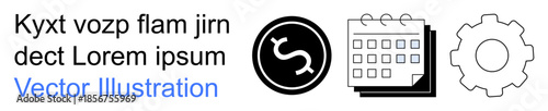Financial planning, project management, productivity tools, task organization, digital economy, analytics. Currency symbol, calendar and gear icons. Financial planning and project management