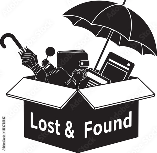 Black silhouette of an open box filled with various like an umbrella wallet keys and a phone under an umbrella symbolizing a lost and found collection point also transparent background