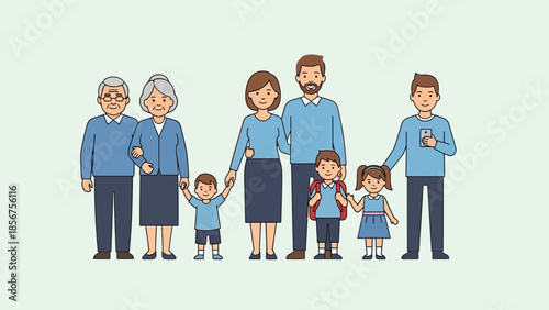 Happy extended family portrait with grandparents, parents, and children.