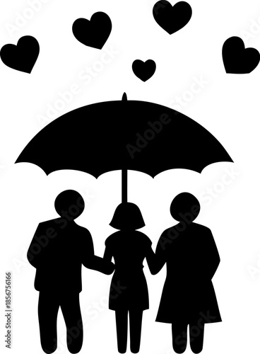 Protecting family under large umbrella with many hearts floating above symbolizing parental care love security and unity showcasing safety and warmth within loving relationship bond