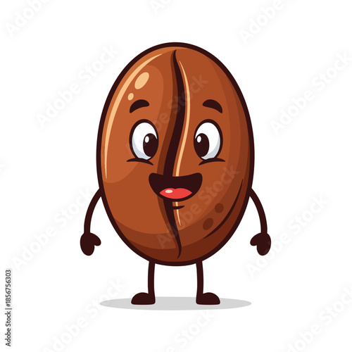 An anthropomorphic coffee bean with arms and legs, smiling, on a white background