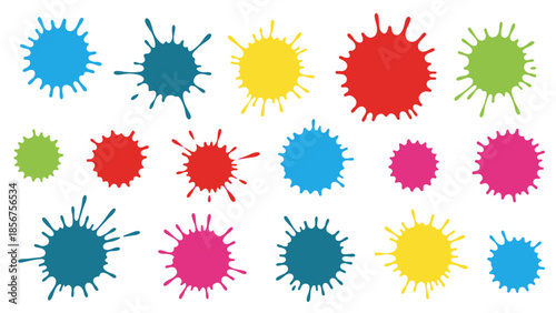 Set of colorful vibrant paint splatters and ink blots isolated on white background.