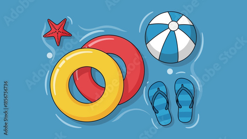 Summer beach vacation items floating on the water.