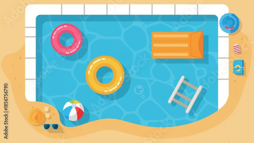 Top down view of a swimming pool with colorful inflatable toys.