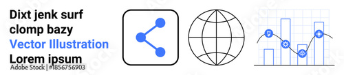 Networking, analytics, global communication, data sharing, business growth, connectivity. Blue link icon, globe and graph chart. Networking and analytics concept