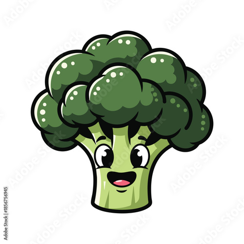 Cartoon-style illustration of a happy broccoli with a friendly, grinning face