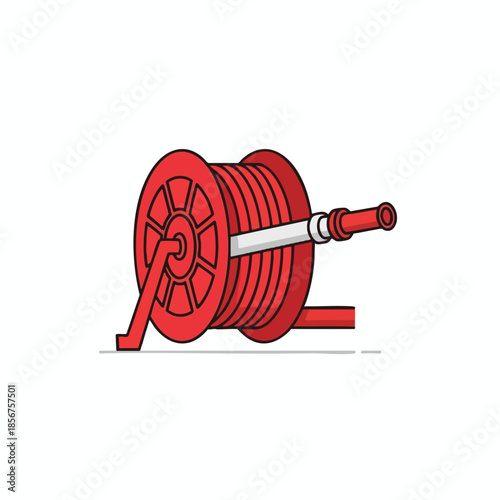 A red fire hose reel, with a hose nozzle, depicted in a flat cartoon style